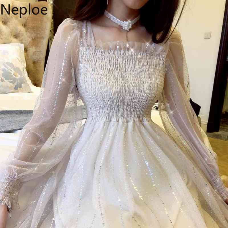 Neploe Summer Elegant Dress Women Sequin Spotted Sweet Princess Gauze Vintage Midi Vestidos Female Pleated Slim Holiday Dresses 210422