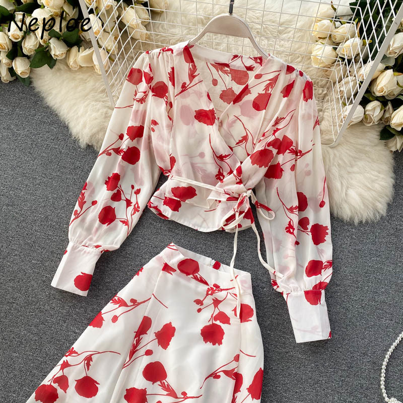 Autumn 2 Piece Set V-neck Drawstring Chiffon Blouse + High Waist Fungus Patchwork Flower Print Split Skirt Suit Women 210430