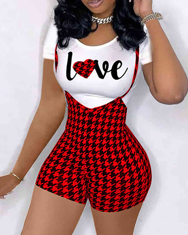 Spring Summer Women Plus Size Tee & Suspender Shorts Set New Female Letter Print Top & Classic Houndstooth Bottoms Set 210415