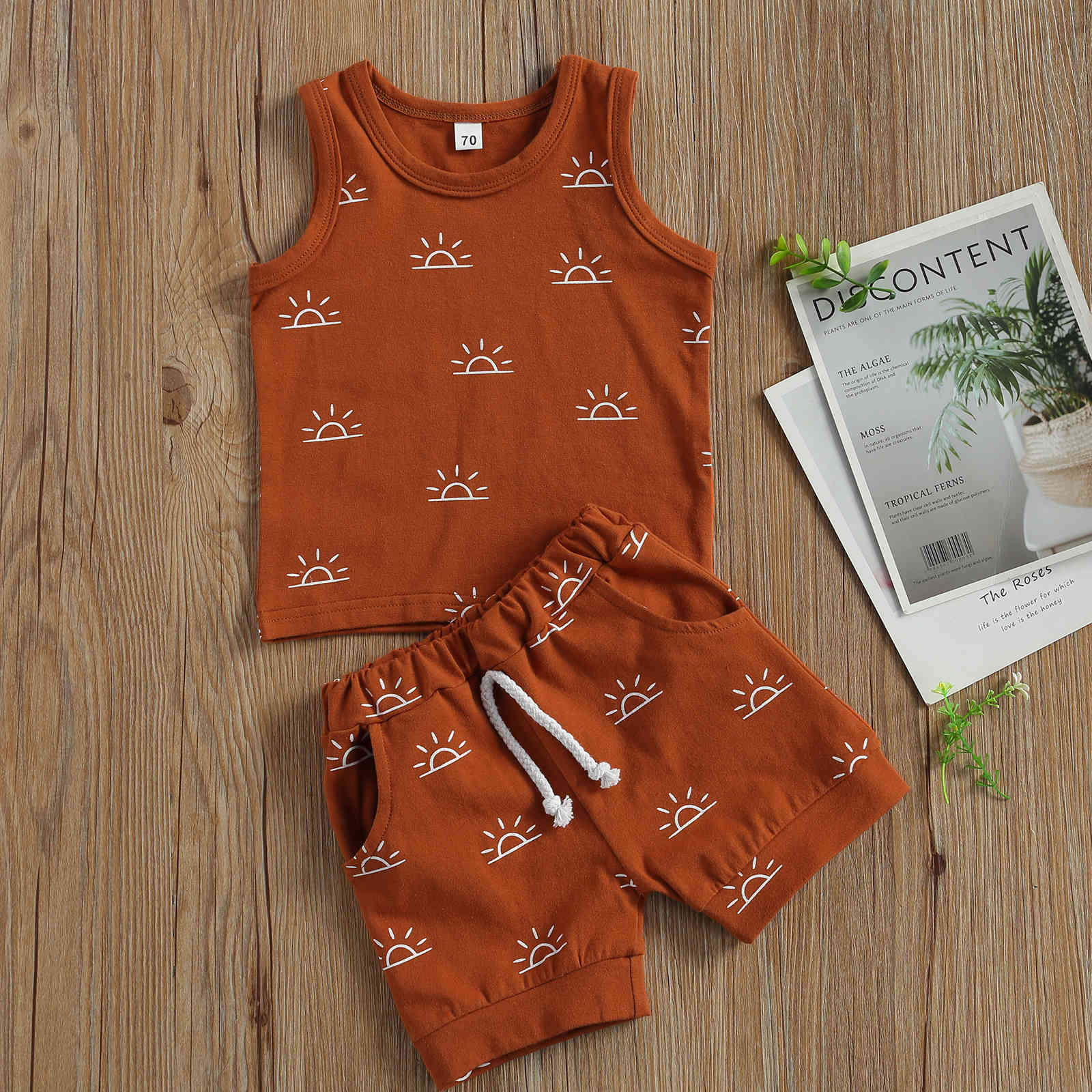 0-3Y Summer Infant Baby Kid Boy Girl Clothes Set Sun Print Sleeveless Vest Tops Shorts Outfits Casual Tracksuit 210515