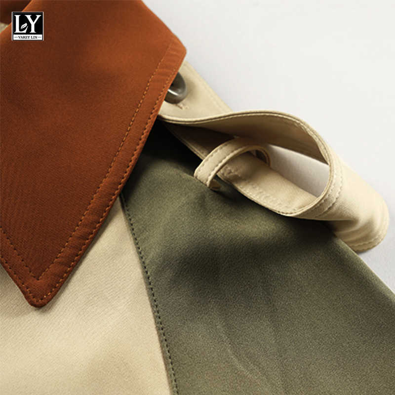 LY VAREY LIN Spring Autumn Women Color Contrast Adjustable Waist Long Sleeve Trench Elegant Double-breasted Coat 210526