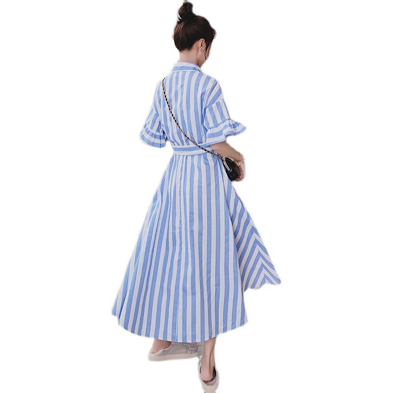 Summer Blue Striped Dress Short Sleeve Plus Size Lapel Dresses With Belt Female Fashion Streetwear 2D1677 210526