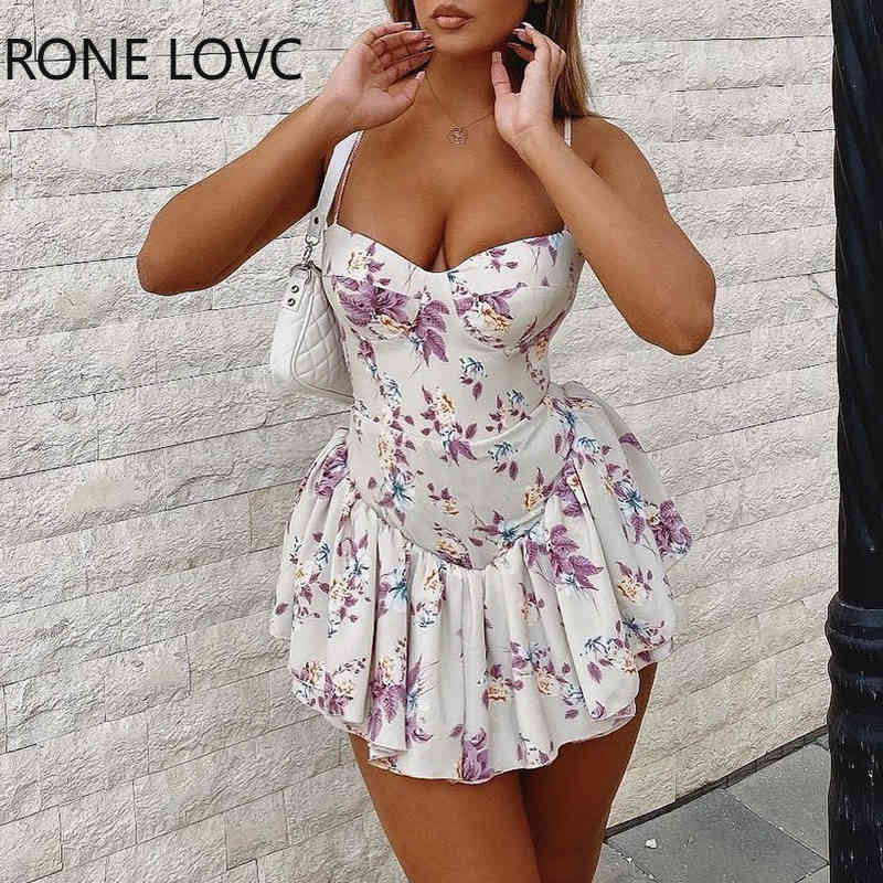 Women Ruffle Floral Print Spaghetti Strap Lace-up Casual Dress Mini Dress Women Summer Dress 2021 X0521