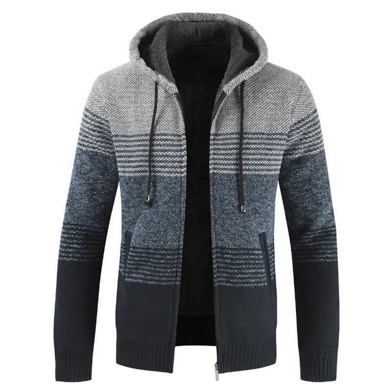 Sweater Coat Men Winter Thick Warm Hooded Cardigan Jumpers Men Striped Wool Liner Zipper Fleece Coats Men 211008
