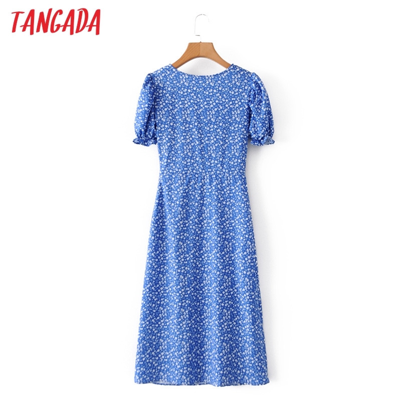 Summer Women Flowers Print French Style Puff Short Sleeve Ladies Midi Dress Vestidos 2M128 210416