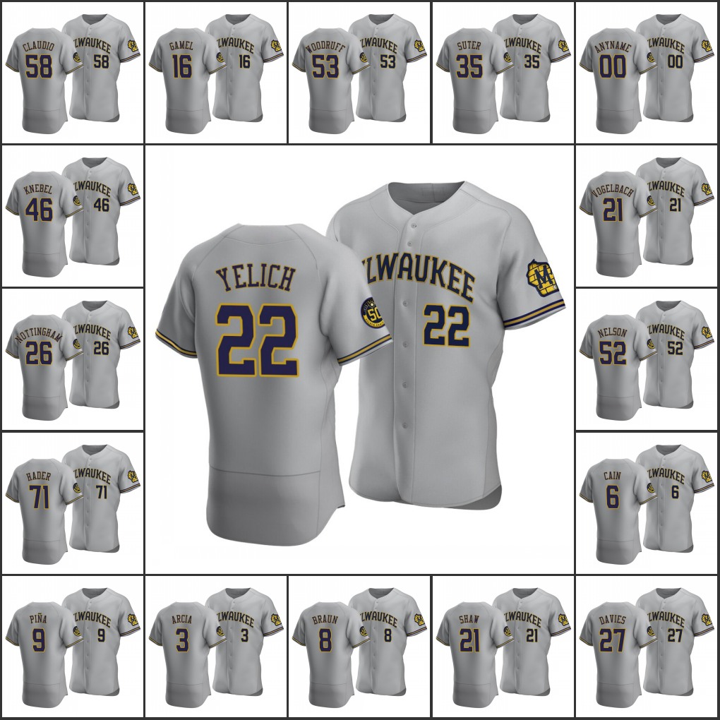 Men Milwaukee's Brewers #8 Ryan Braun 22 Christian Yelich 6 Lorenzo Cain Women Youth Custom Authentic Road 50th Anniversary Jersey Gray
Men Milwaukee's Brewers #8 Ryan Braun 22 Christian Yelich 6 Lorenzo Cain Women Youth Custom Authentic Road 50th Anniversary Jersey Gray