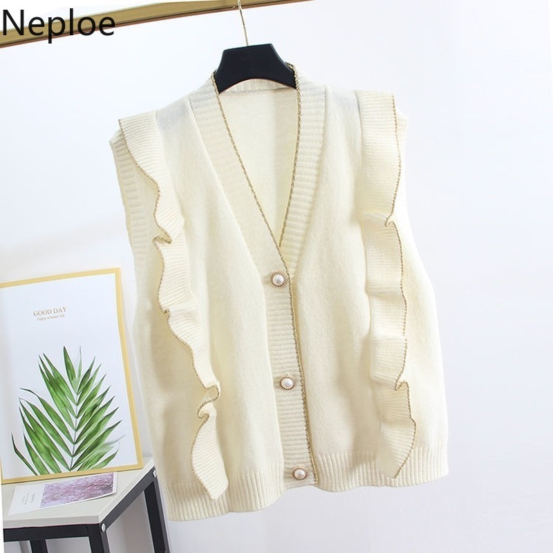 Neploe Knit Sweaters Vest Korean Loose V-neck Sleeveless Waistcoat Sweet Ruffles Fashion Coat Autumn Winter Clothes Tank Tops 210422