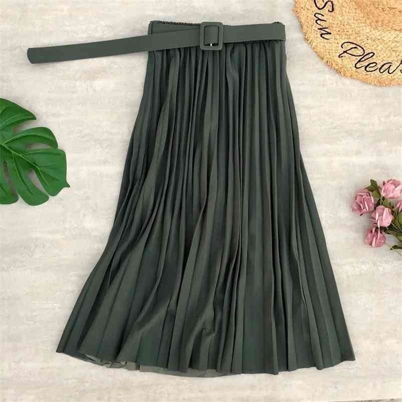 Fashion A-line women pleated skirt Stripe loose 20 color With belt Elegant British style Autumn winter 210621