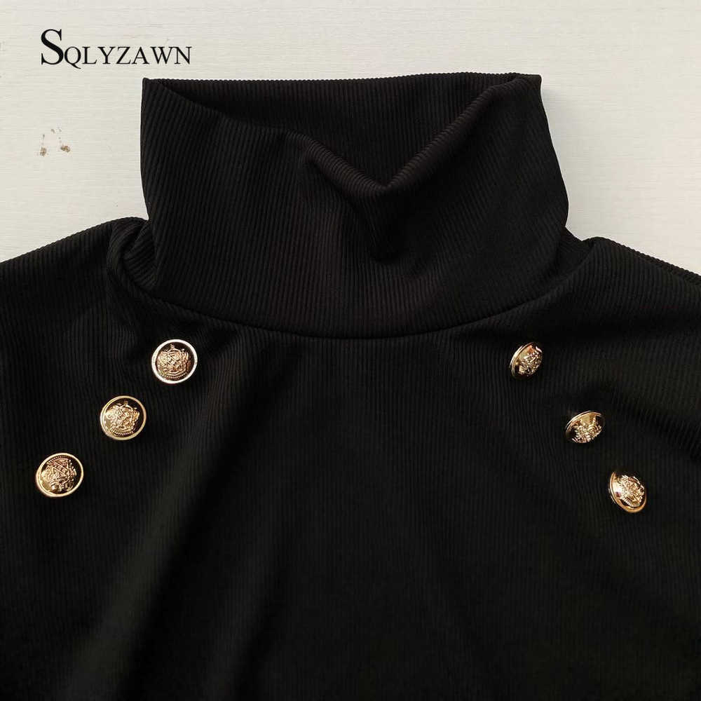 Black Turtleneck Bodycon Knitted Winter Sweater Flare Sleeve Gold Button Decoration Split Casual Dress For Women