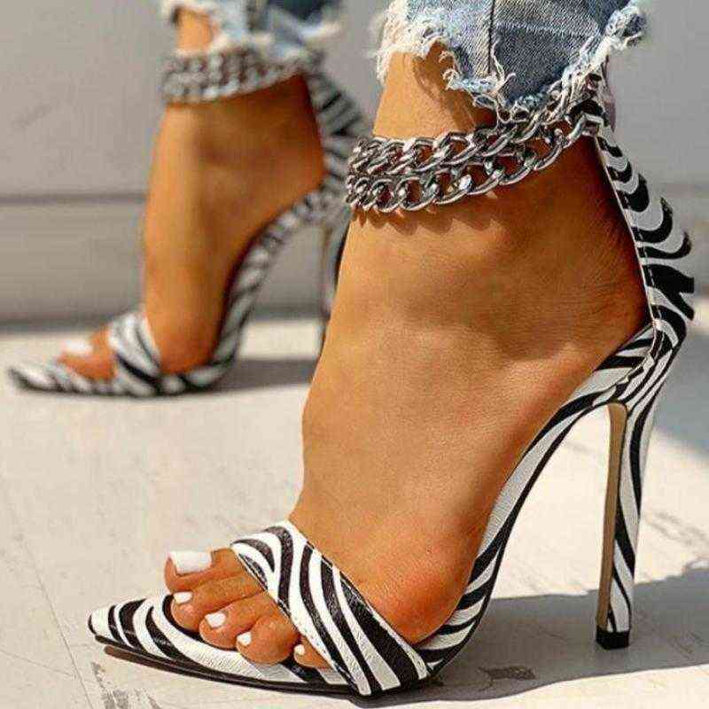 New Women Office Pumps Metal Decoration Chain Open Toe Thin Heels Sandals Leopard Fashion Stylish Shoes Ytmtloy AA220301