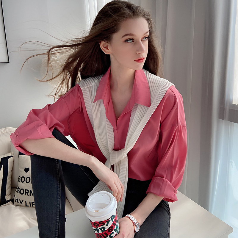 Dabuwawa Elegant Two Pieces Shirts V-Neck Long Sleeve Solid Loose-Fitting 2pces Blouse Office Lady Spring Autumn DO1AST039 210520