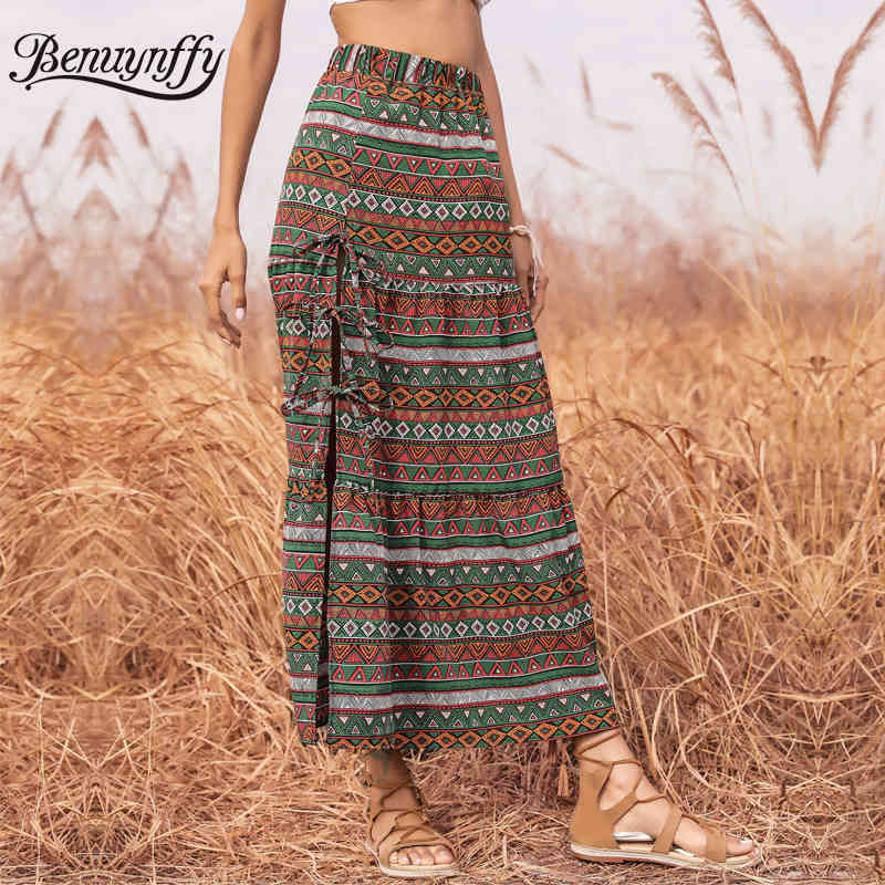 Tie Side Ethnic Print Split Long Skirts Women Summer Vacation Bohemian High Elastic Waist Female Casual Maxi Skirt 210510