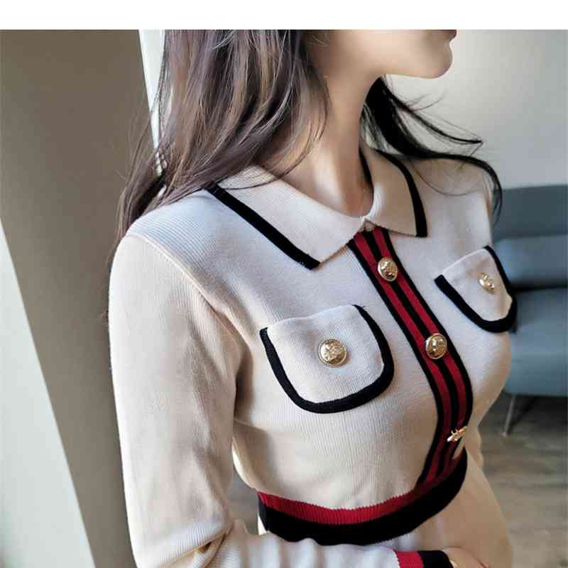 Spring Women's Elegant Ladies Knitted Striped Patchwork Lapel Temperament Vintage Sweater A-line Party Dress 210519