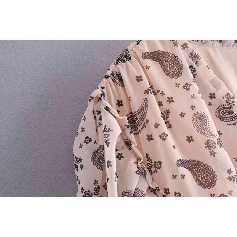 Elegant Women Cross V neck Paisley Floral Print Long Sleeve Dress Ladies Ruched Elastic Waist Slit Midi Dresses With lining 210429