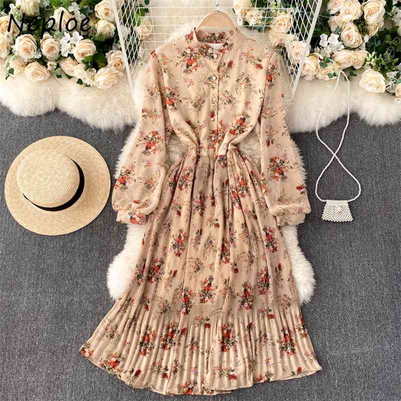 Neploe O Neck Pullover Long Sleeve Dress Women High Waist Hip A Line Print Vestidos Mujer Spring New Draped Robe Slim Dress 210422