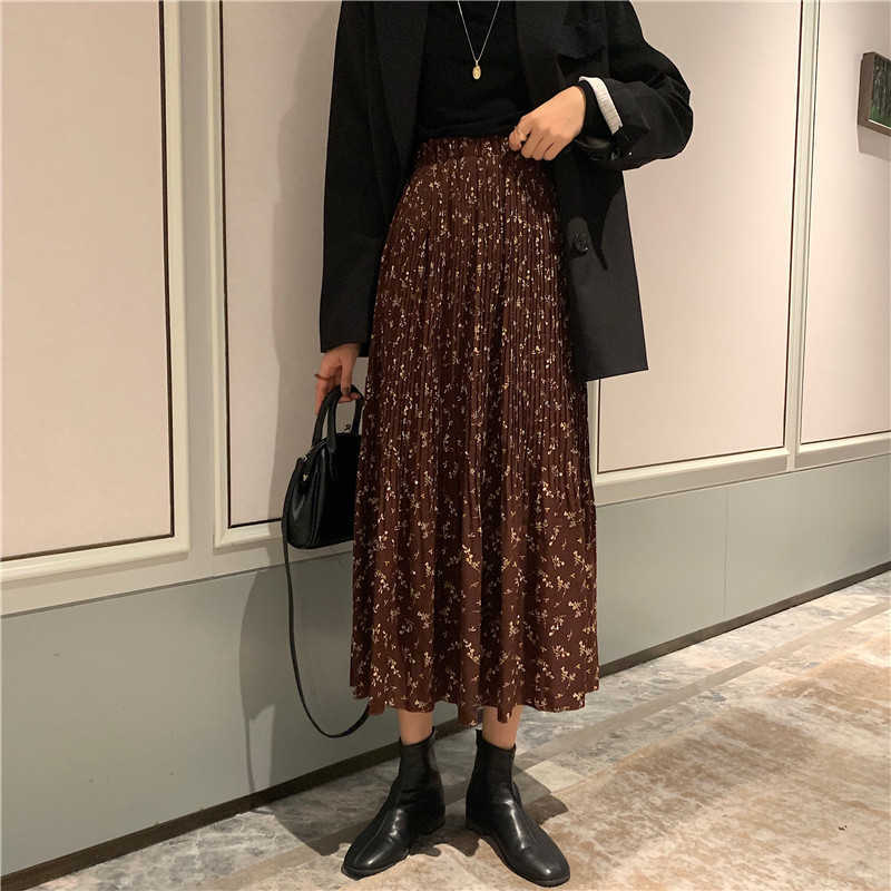 Vintage Floral Print A-line Pleated Long Skirts winter Women Korean Streetwear Drawstring Elastic Waist Midi lined 210619
