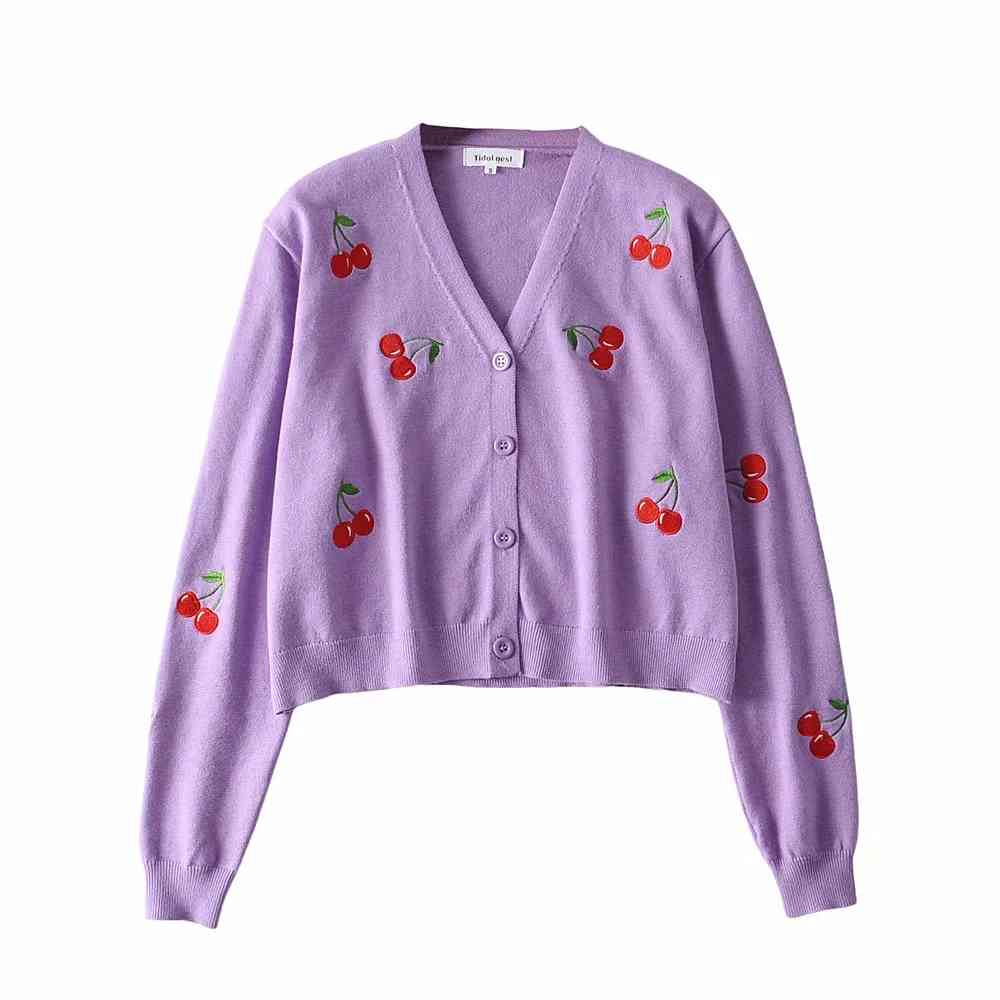 Vintage Cherry embroidery cardigans sweater women korean Women knitted coat 210521