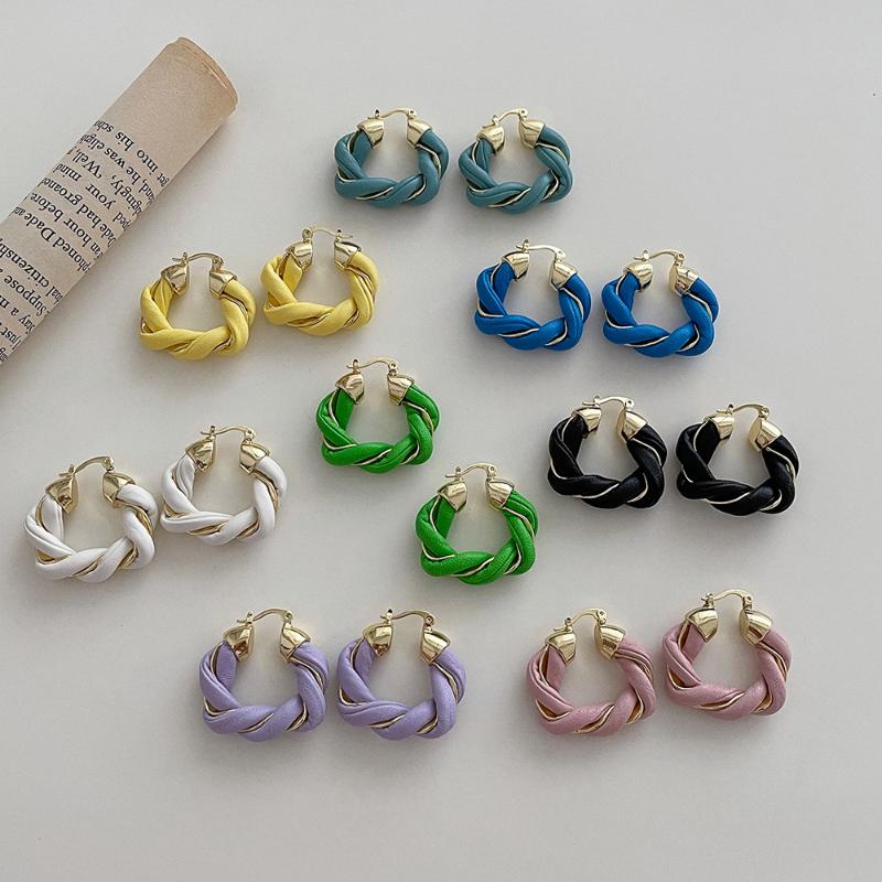 Hoop & Huggie 2021 Trendy Leather Metal Colorful Twisted Weave Geometric Circle Earrings Gold Color For Women Girls Party Travel Jewelry
