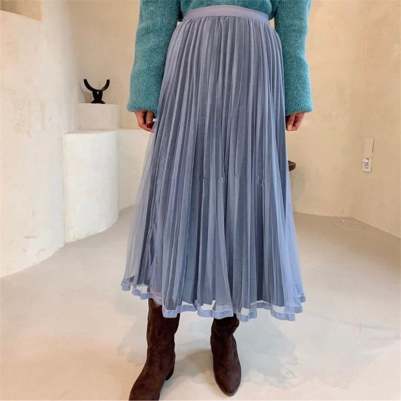 Chic Female OL Elastic-Waist Mesh Slim Regular Women High Waist Solid Elegant Fashion Feminine Long Skirts 210421