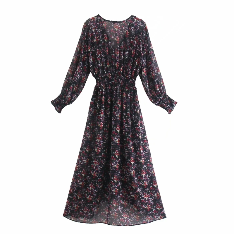 Women Floral Printing Chiffon V Neck Lantern Sleeve Midi Dress Female Loose Clothes Casual Lady Vestido D6693 210430Z