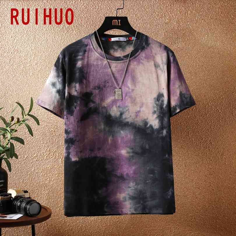 RUIHUO Tie Dye Short Sleeve Men's T-Shirt Fashion Streetwear Hip Hop T Shirt For Men Tshirt Japanese Clothing Man M-5XL 210329