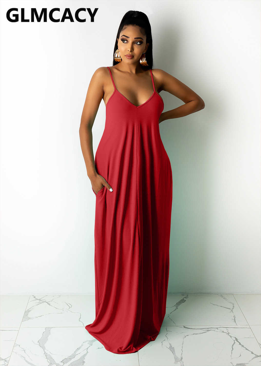 Women Spaghetti Strap Sleeveless Solid Maxi Dress 210702