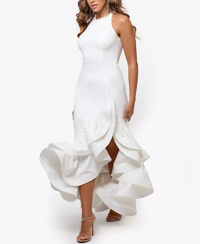 Sexy High Split Tiered Ruffles Scuba Prom Dresses For Women Sleeveless Long Satin Evening Gowns White Simple Special Occasion Wear 2022