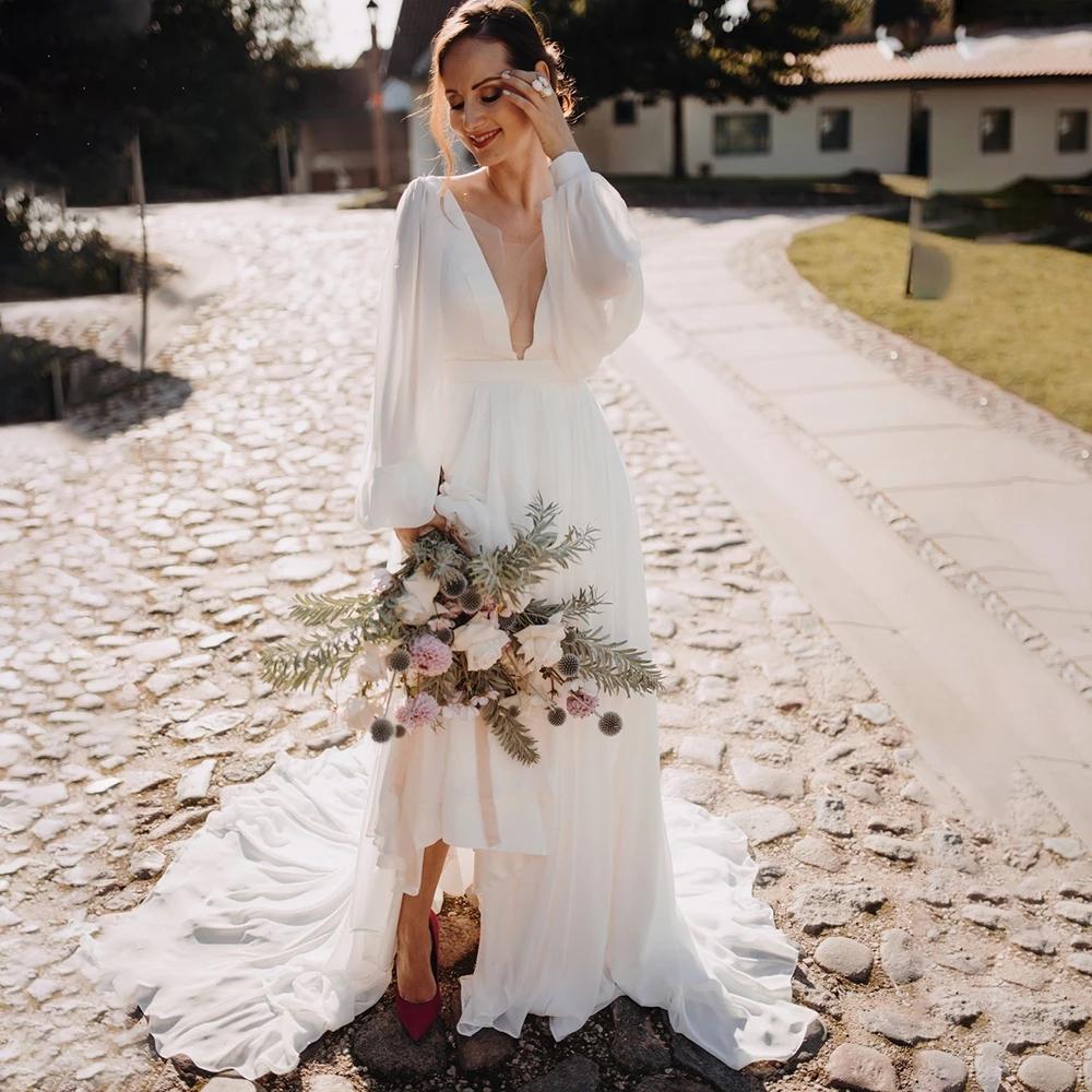 Beach Boho Wedding Dresses Bride Gown Long Sleeves Chiffon Sexy Deep V Neck Sweep Train Custom Made Plus Size Vestidos De Noviacountry estidos