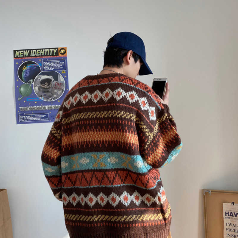 Winter Sweater Men's O-neck Thickened Warmth Korean Street Style Men's Pullover Loose Harajuku Printed Sweater Men 211018