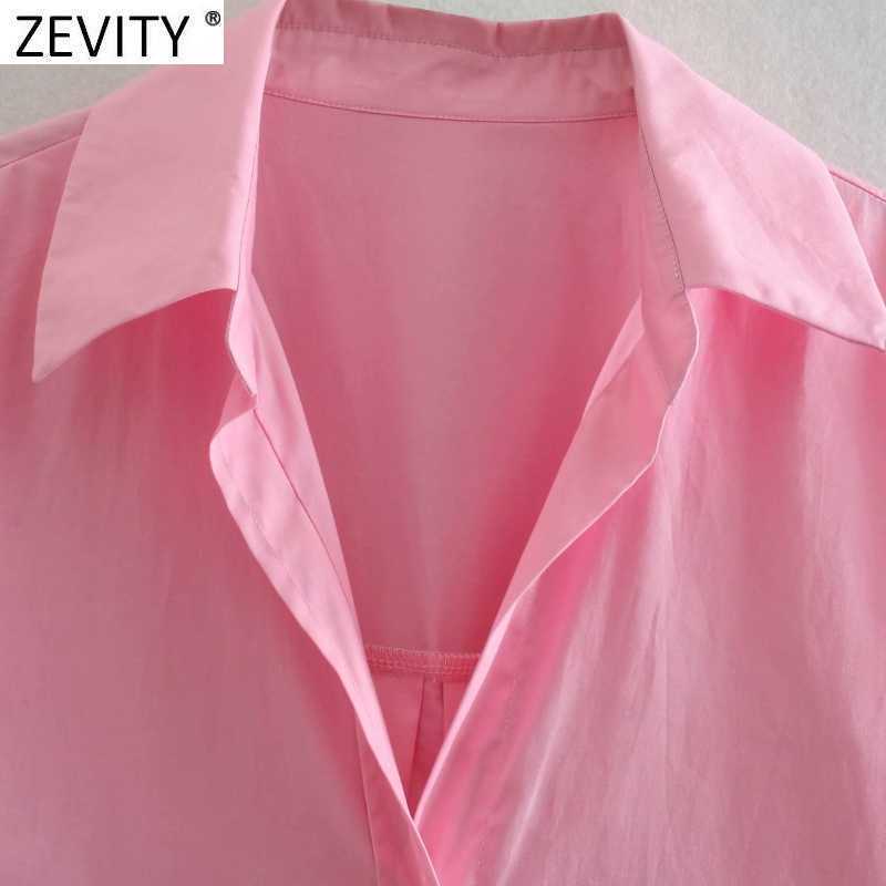 Zevity Women Simply Single Breasted Poplin Pink Shirt Office Lady Long Sleeve Business Blouse Roupas Chic Blusas Tops LS9288 210603
