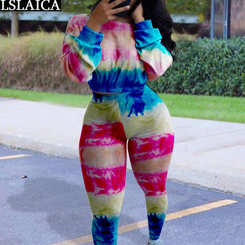 Fashion Fall Clothes for Women Two Piece Set Top and Pants Tie Dye Casual Tracksuit Lounge Wear Plus Size Outfits Sportswear 210520