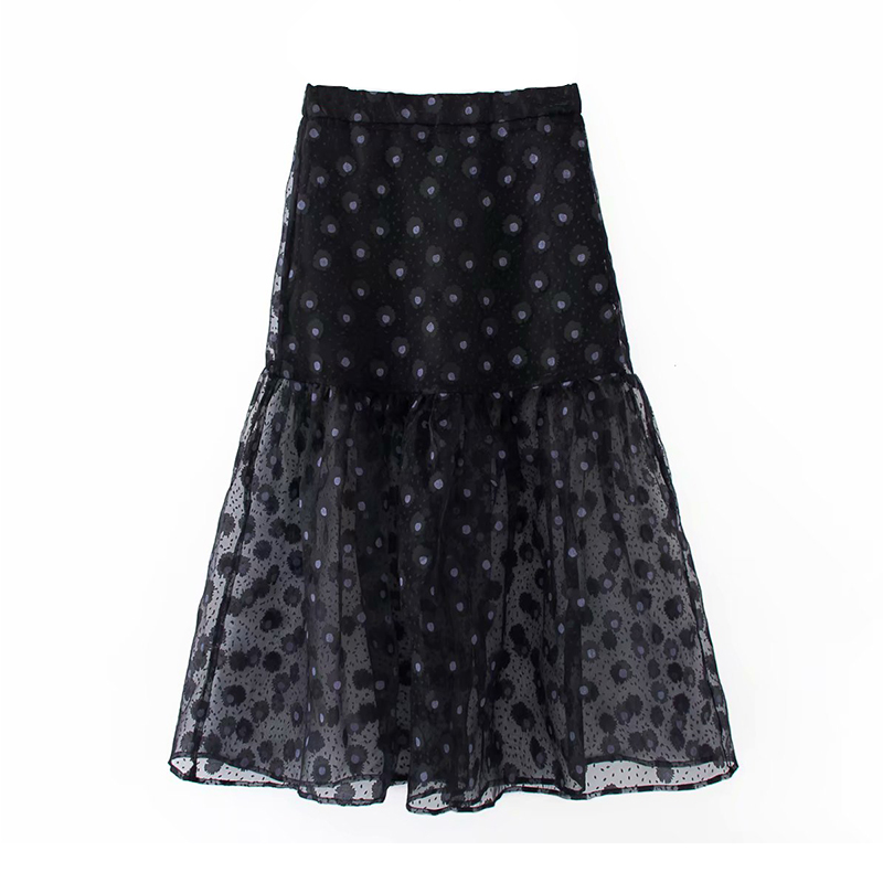 Women Floral Print Sexy Mesh Organza Skirt Ladies High Waist Transparent Chic Ruffle Midi Skirts Faldas Mujer 210508