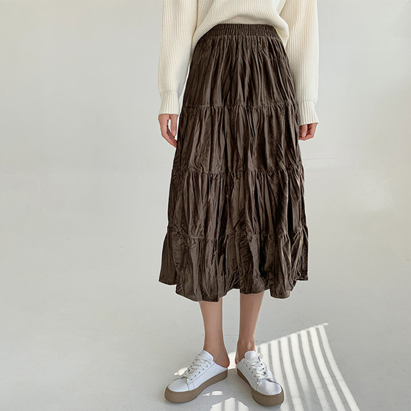 Spring High Waist Vintage Solid Pleated Velvet Skirt OL Elegant Fashion Bottoms Autumn Winter Long Skirts Womens 210421