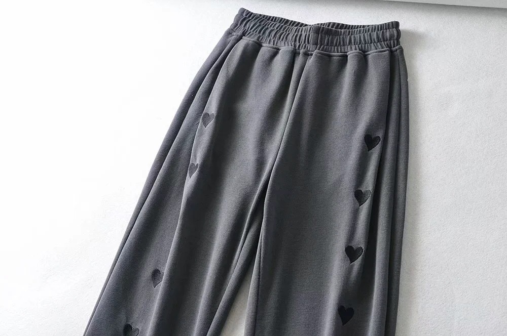 Spring Autumn Contrast color Heart Embroidery Wide Leg Pants Woman Adjust Rope Cuff Loose Trousers Sports Casual Bottom 210429