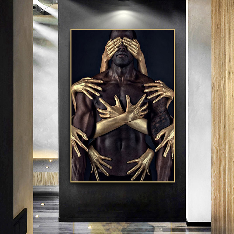 African Art Black Gold Nude Man Canvas Painting Modern Wall Art Posters and Prints Canvas Pictures for Living Room Wall Decor
