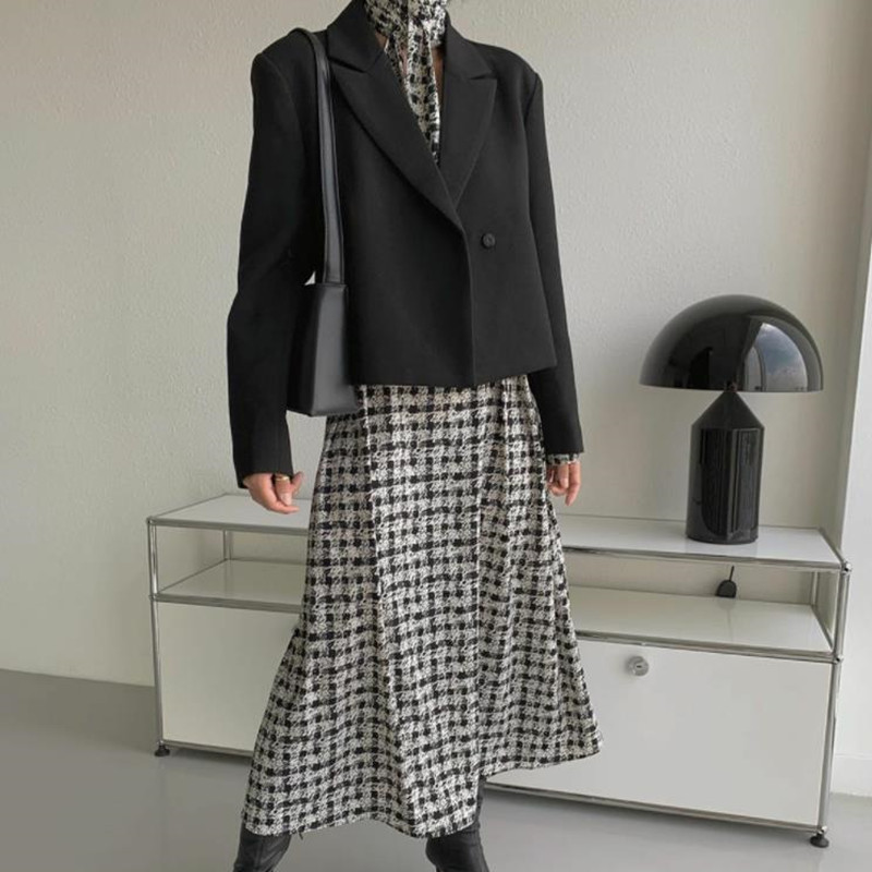 Minimalist Autumn Dress Women Vintage Classic Black and White Print Elegant OL Work Wear Long Dresses Vestidos 210421