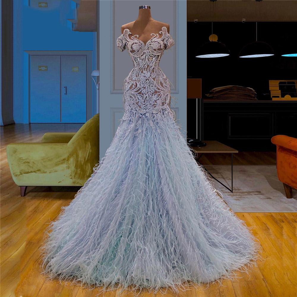 Arabic Style Aso Ebi Baby Blue Feather Evening Dress Prom Dresses Illusion Lace Applique Top Long Formal Party Gowns Robe De Soiree Es Es Es es