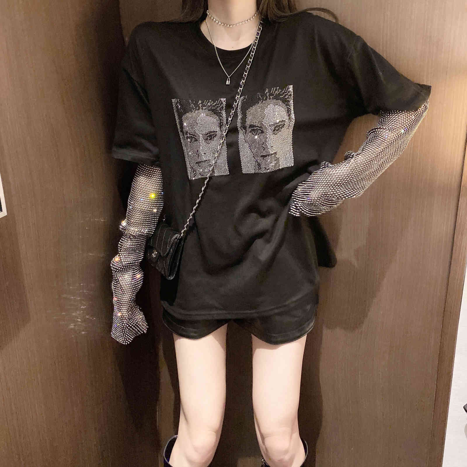 Glitter Diamond Mesh Black T Shirt Oversized Korean Black Sexy T-shirt Women Summer Tee Shirt Harajuku Tshirts 210518