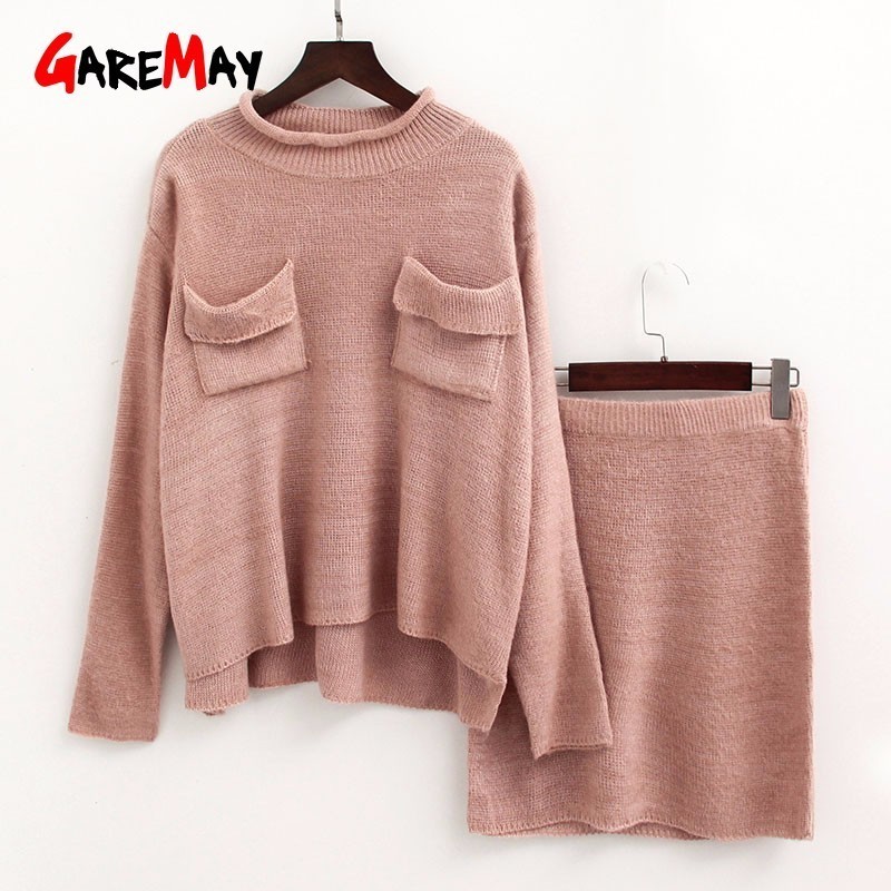 Two Piece Set Winter Office Wear O-Neck Knit Sweater Skirt Women Fasion Womens s For Clothing 210428