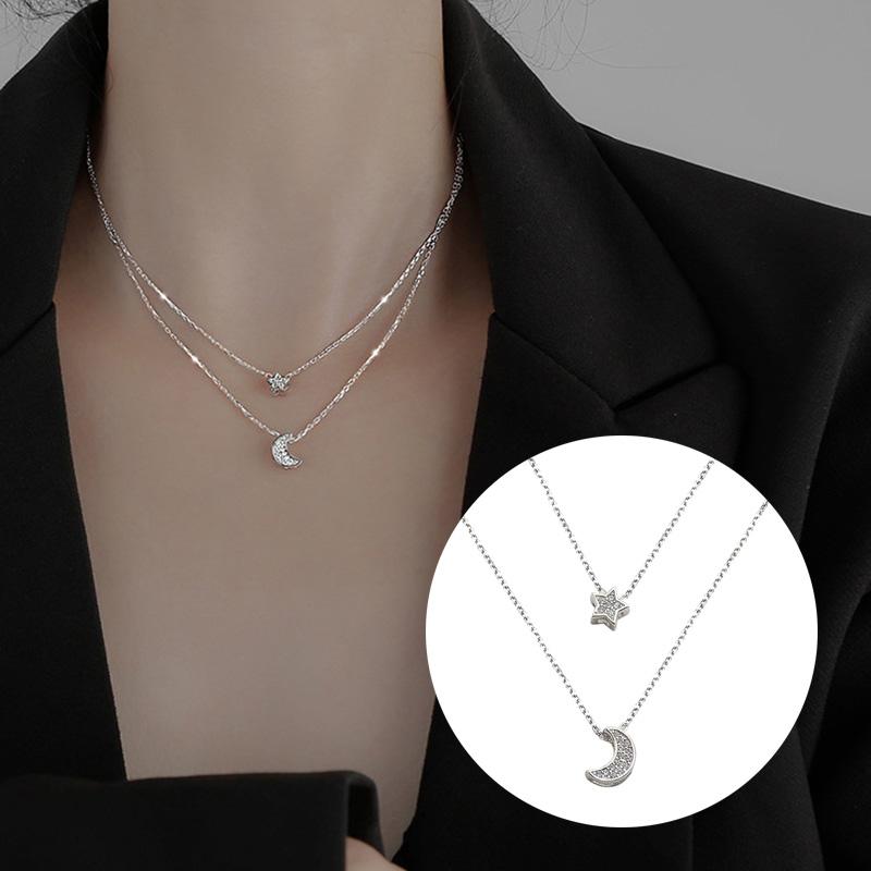 Chains Sterling Silver Double Layer Moon Star Necklace For Women Elegant Shiny Clavicle Chain Jewelry
Chains Sterling Silver Double Layer Moon Star Necklace For Women Elegant Shiny Clavicle Chain Jewelry