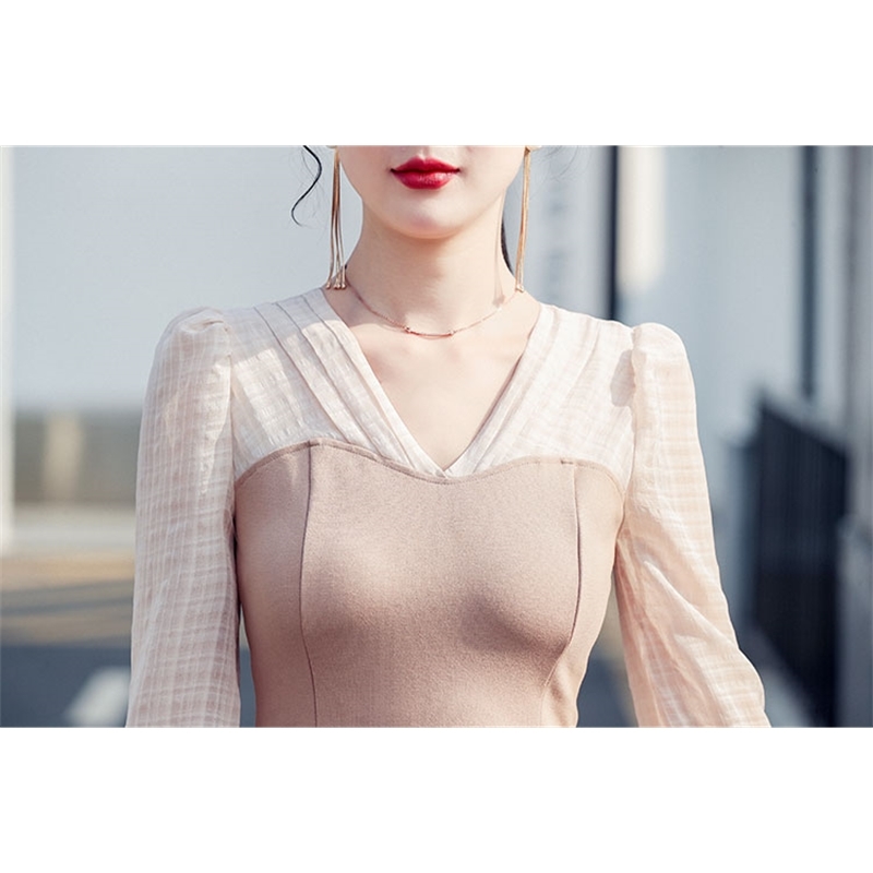 Spring Long Sleeve Trumpet Mermaid Dresses Women Sexy V-Neck Patchwork Party Clothing Ladies Vestidos 210520