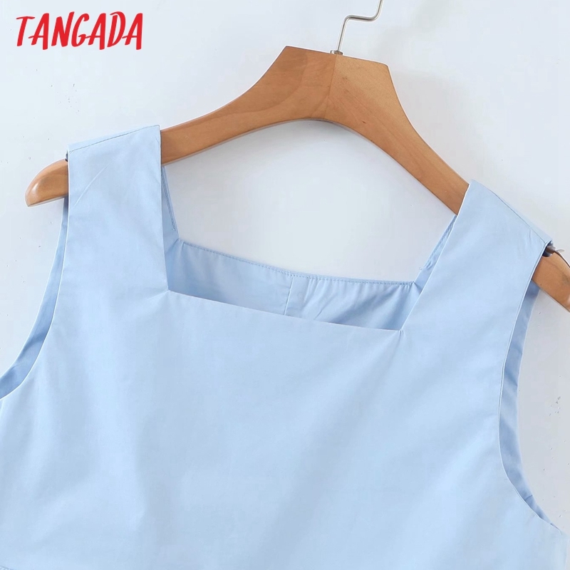 Women Blue Camis Square Neck Crop Top Sleeveless Short Blouses Shirts Female Casual Solid Tops QD09 210416