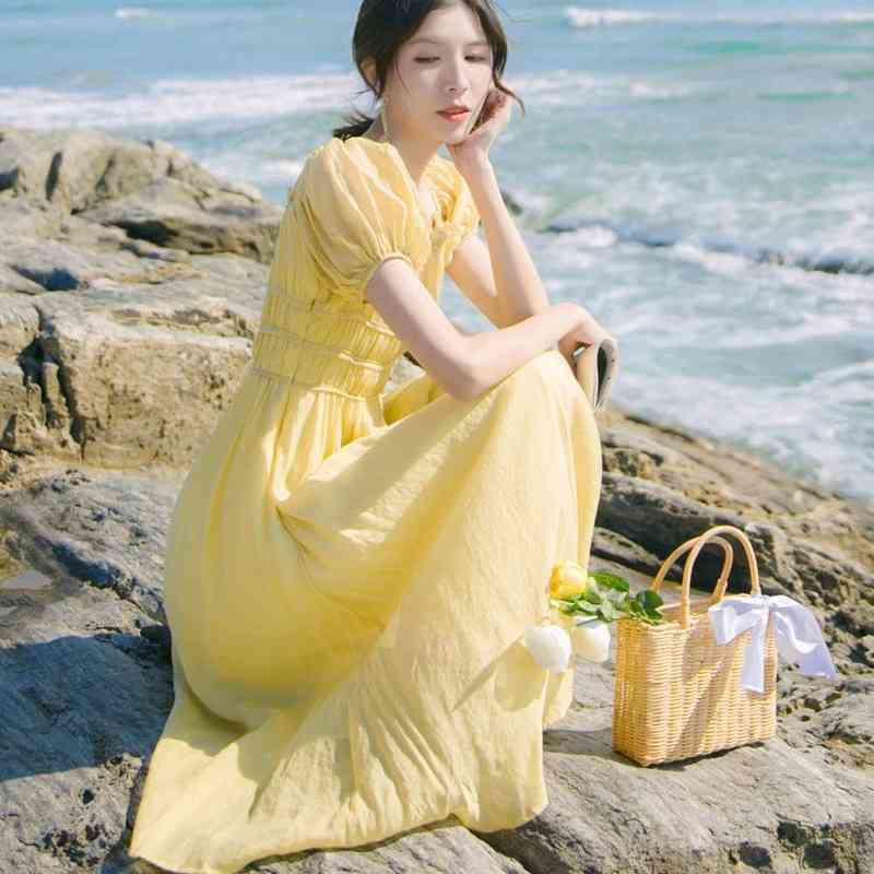 Dress Korean Sweet Elegant Dress Women Short Sleeve Casual Thin Beach Dress for Females Summer Chic Office Lady 210521