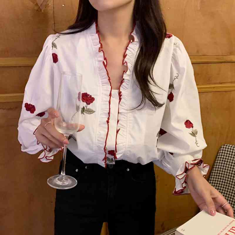 Nomikuma Floral Embroidery Korea Chic Blouse Shirt Causal V-neck Puff Sleeve Women Tops Spring New Camisas Mujer 6G448 210427