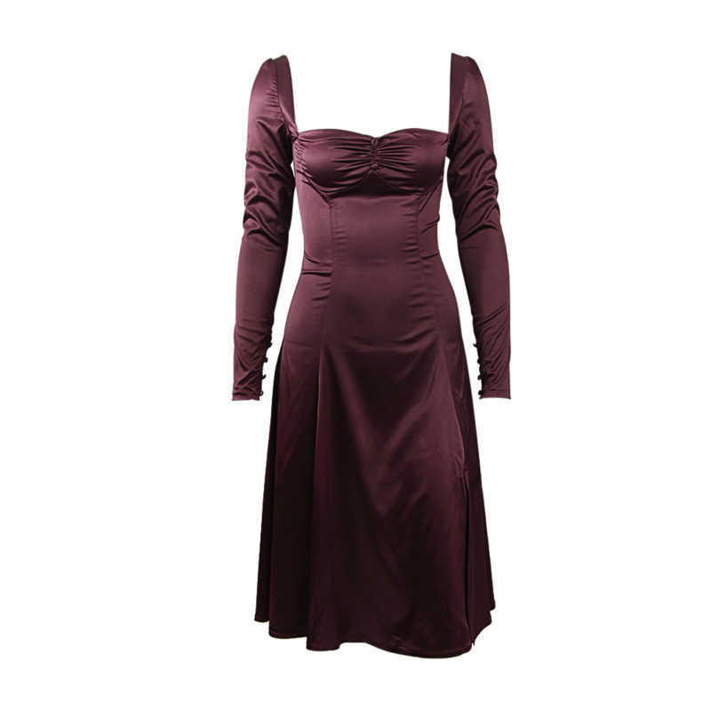 DEAT Women Split Dress Square Collar Long Sleeve Arrivals Lady Sexy Temperament Fashion Spring Summer 210709