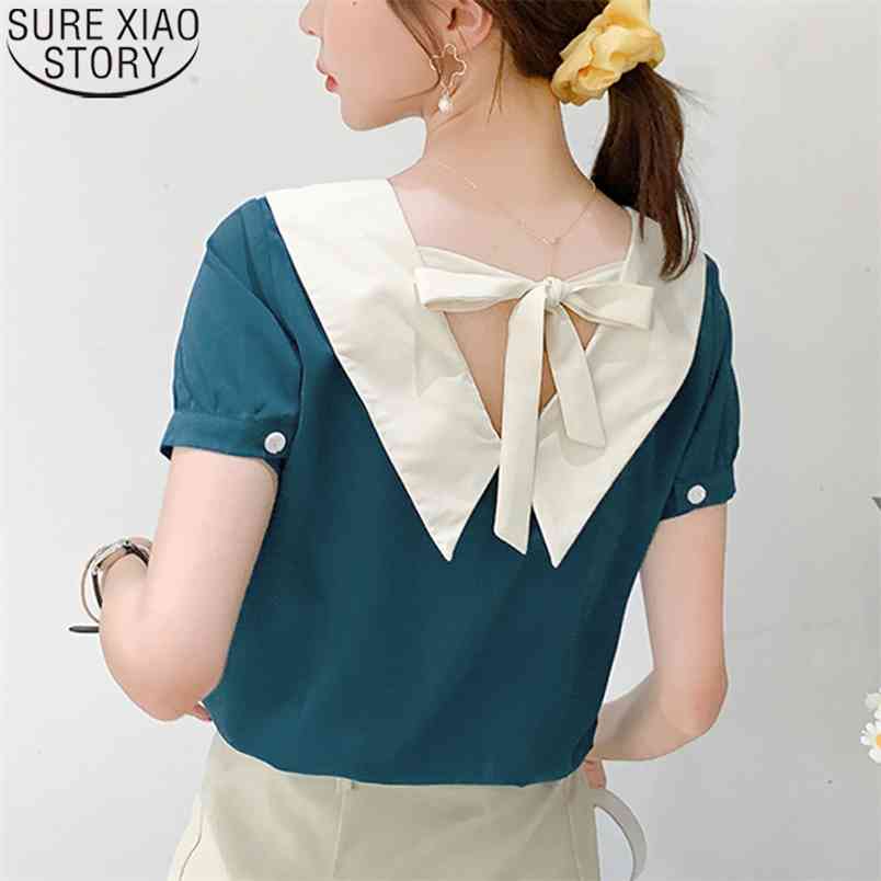 Casual Chiffon Blouses Korean Summer Women Tops Short Sleeve Shirts Solid Back Blow V-neck s Clothing bluasa 9094 210506