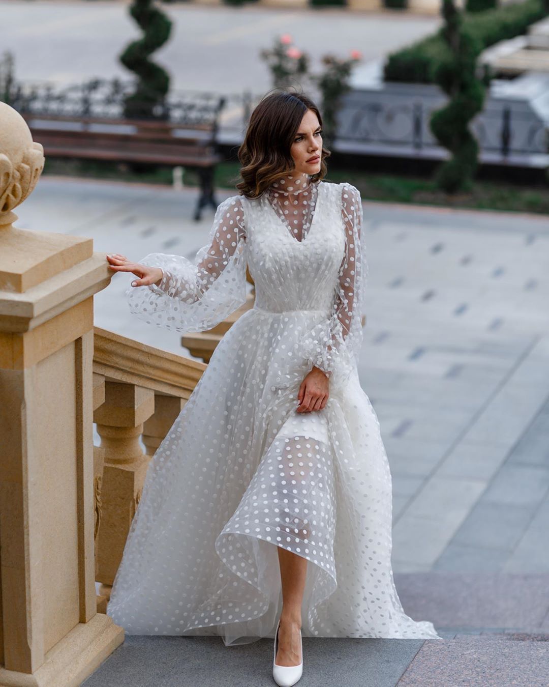 Women Dress Perspective Mesh Dot Print Puff Sleeve Maxi es High Waist Big Swing Vintage es Spring 210524