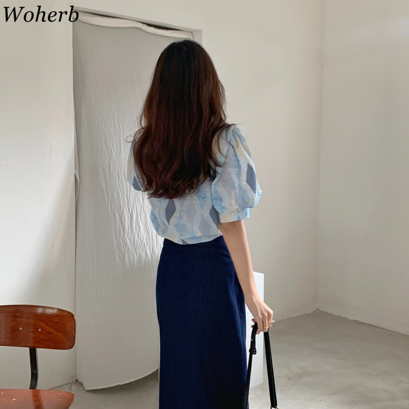 Korean Style Vintage Plaid Puff Sleeve Shirt Loose Office Ladies Blouses Elegant Casual Women Chic Clothing 210519