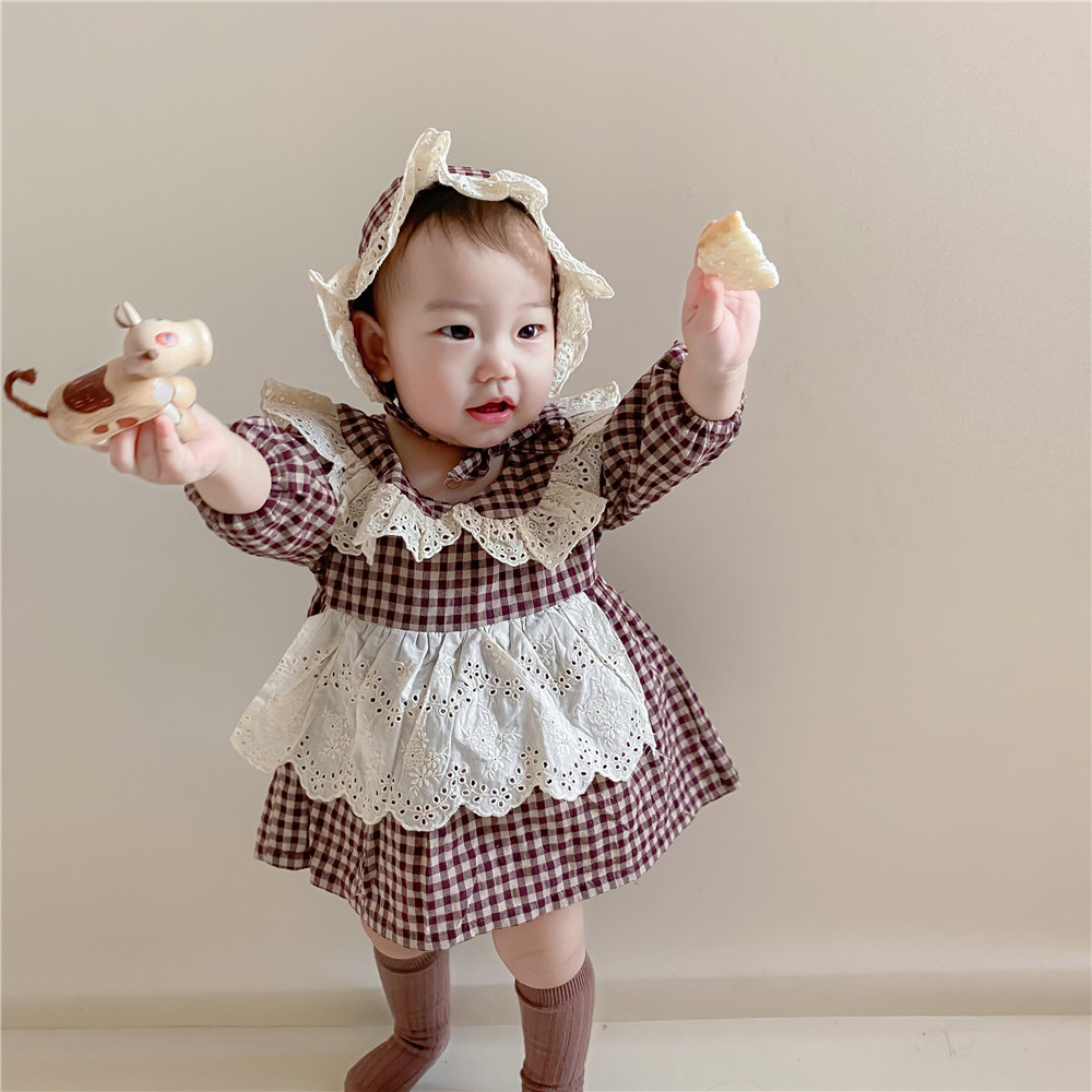 baby girl's lapel bodysuit plaid lace born girl clothes 210515