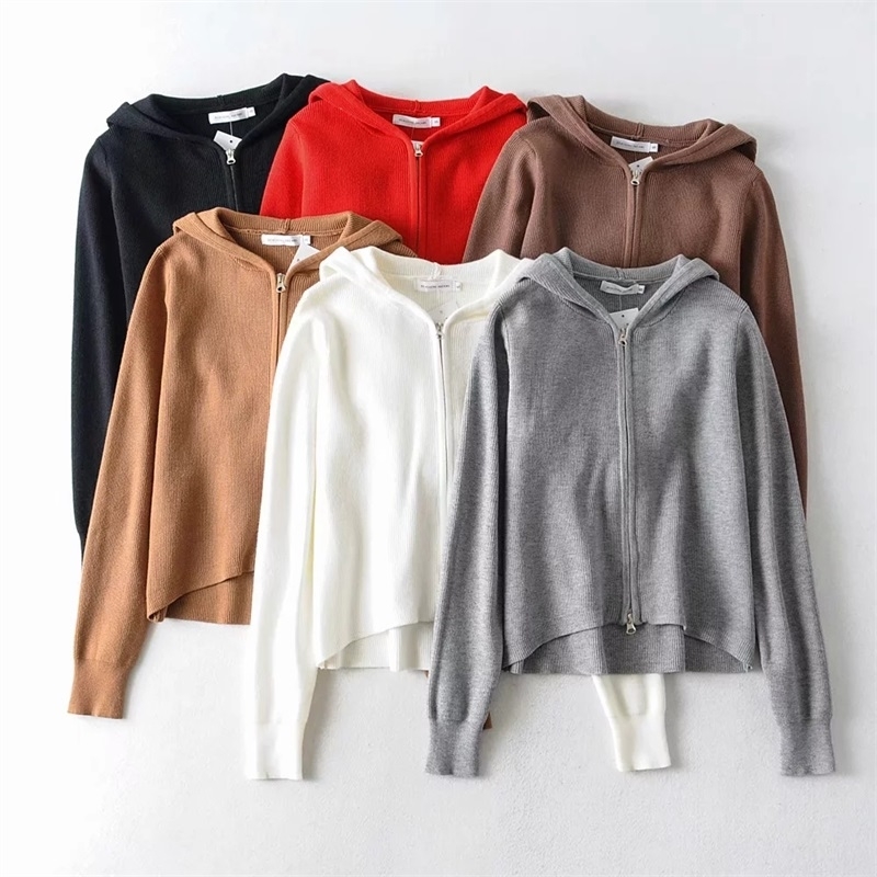 Women Ribbed Kint Zip Up Hooded Cardigan With Silver Zippers Knit Sweater Knitwear 210512